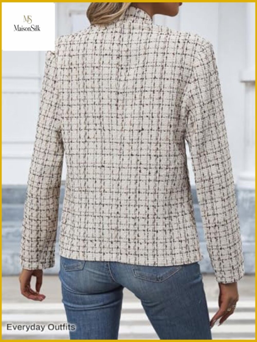 Lightweight Tweed Blazer Open Front Notch Collar Slim Fit Business Casual - Picture 5 of 7
